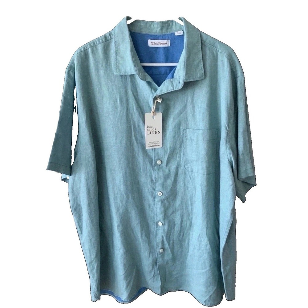 Men's Linen Short Sleeve Light Teal Green Shirt 2XL Coastal Caribbean Isle Sands